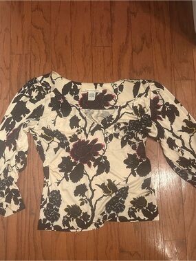 Diane Von Furstenberg Cream Blouse with Black Floral Print and Pink Accents